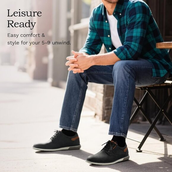 Casual Dress Oxford Shoes Men's Black-Waxy Business Formal Comfort Derby Sneaker - Picture 5 of 7